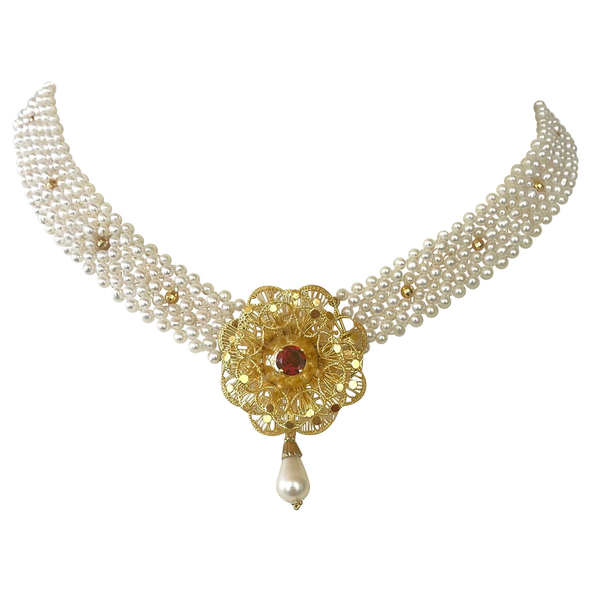 Marina J woven Pearl necklace with gold-plated Silver vintage brooch with Garnet For Sale
