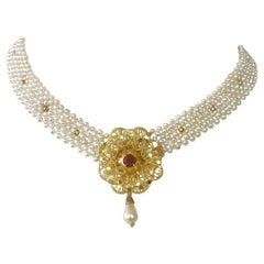 Marina J woven Pearl necklace with gold-plated Silver Antique brooch with Garnet