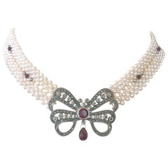Marina J woven Pearl necklace with Sterling Silver Antique brooch with Garnet