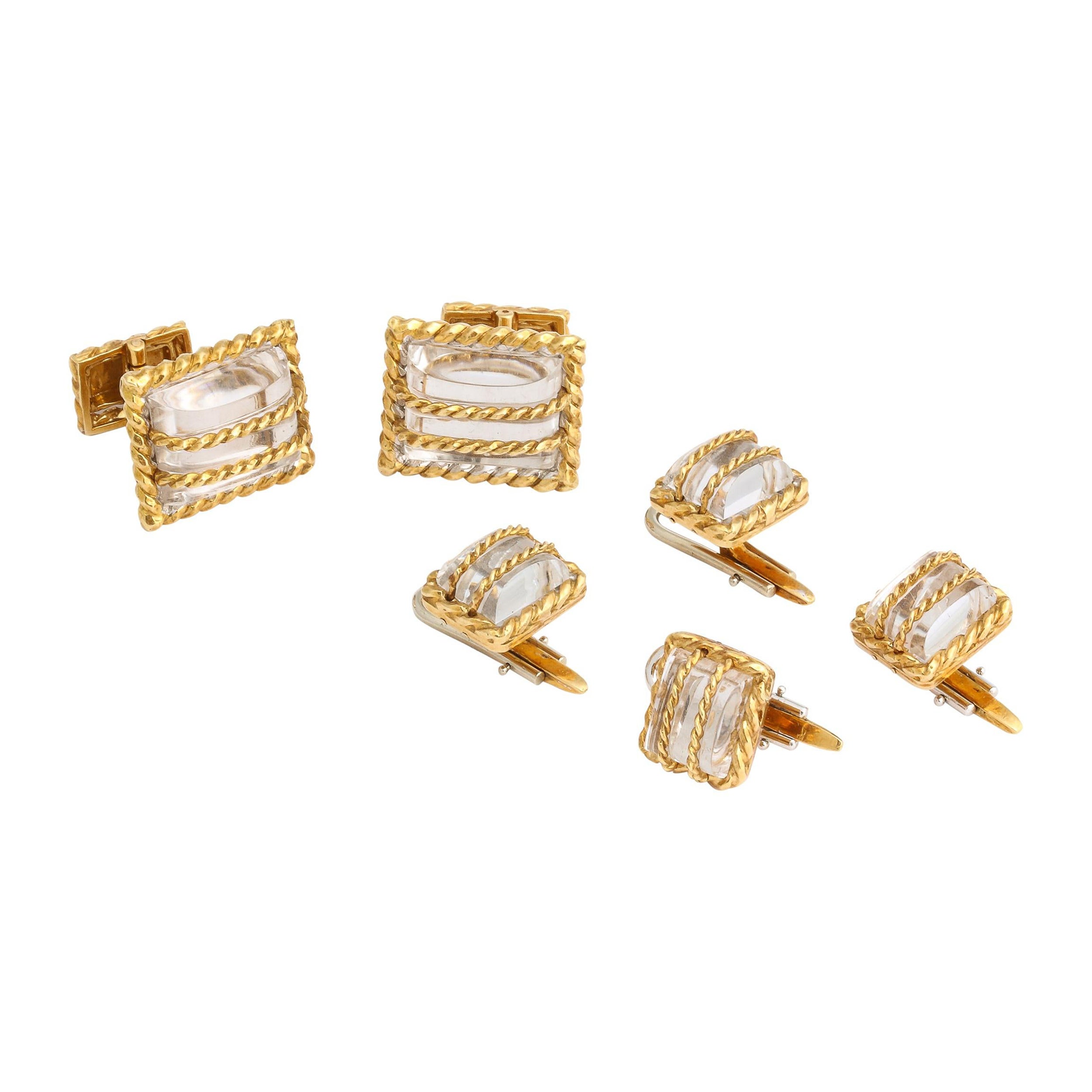 David Webb  18k Yellow Gold & Crystal  6 Piece Cufflink and Stud Set  For Sale