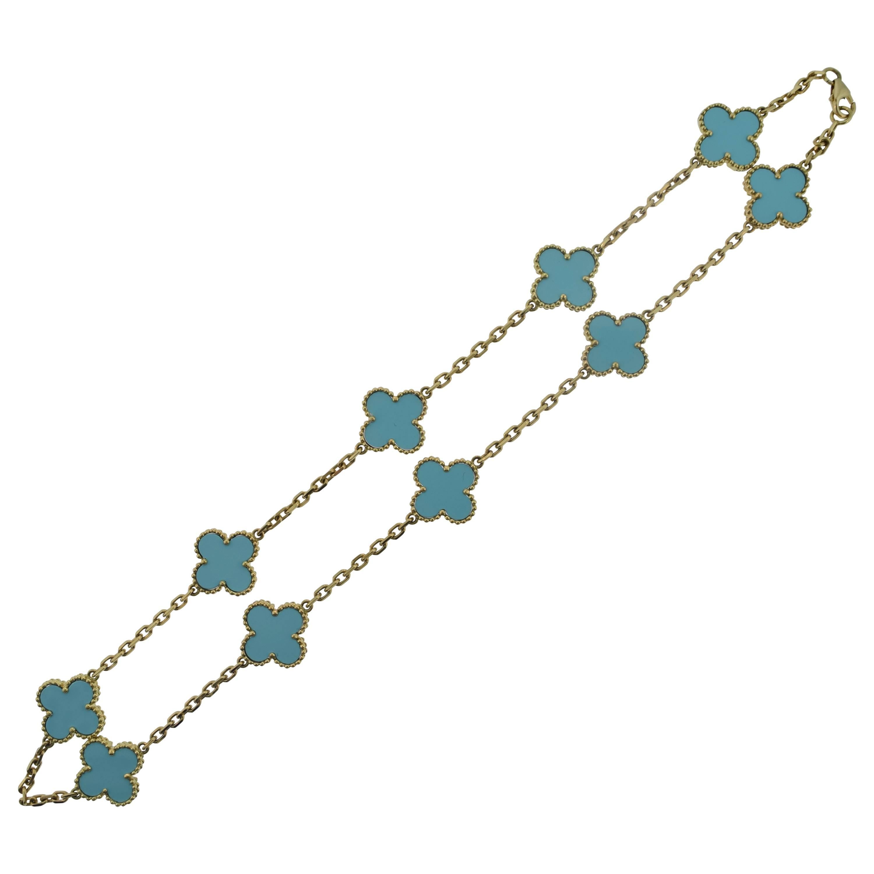 Van Cleef & Arpels Turquoise Alhambra 10 Motif Necklace For Sale