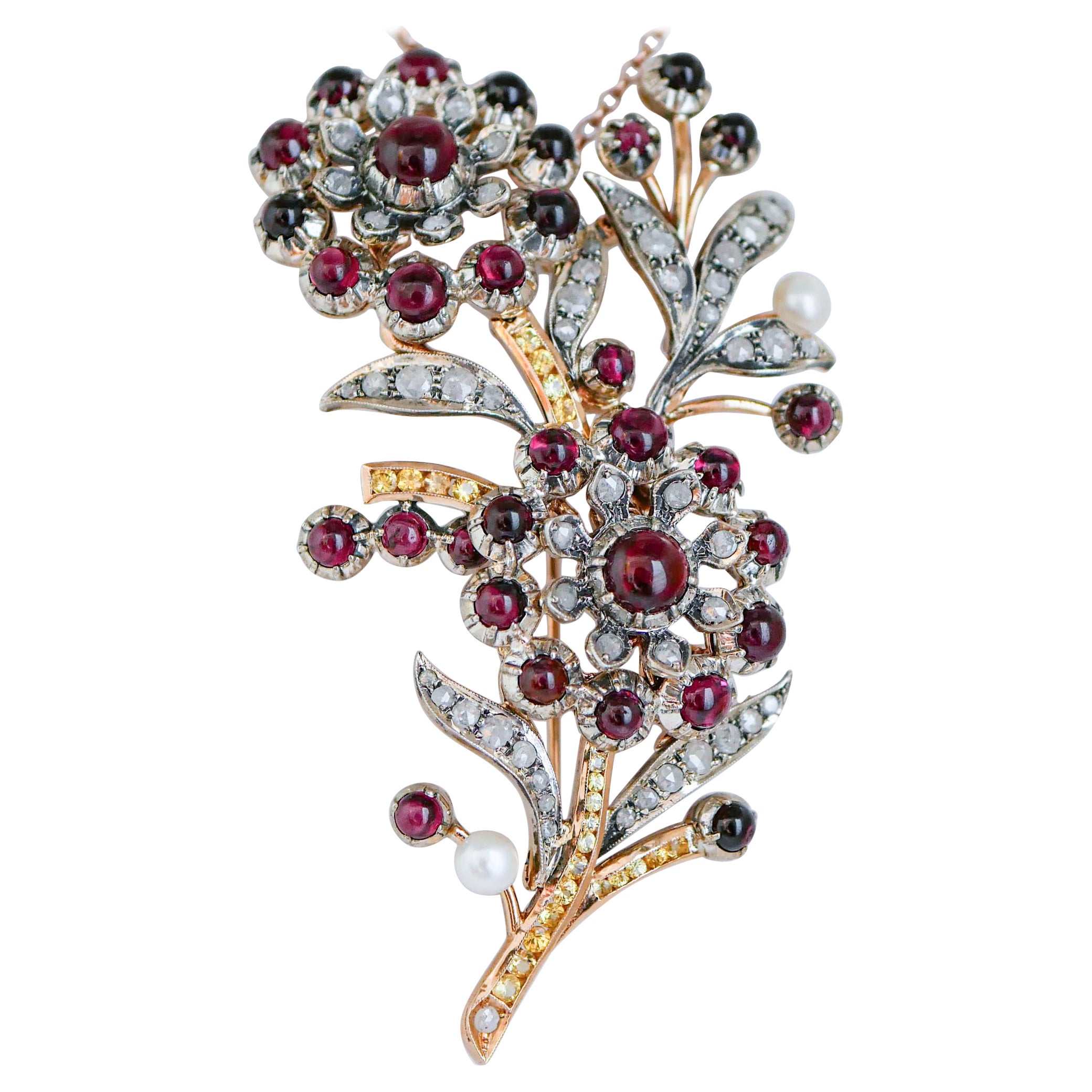 Garnets, Sapphires, Diamonds, Pearl, Rose Gold and Silver Brooch. For Sale