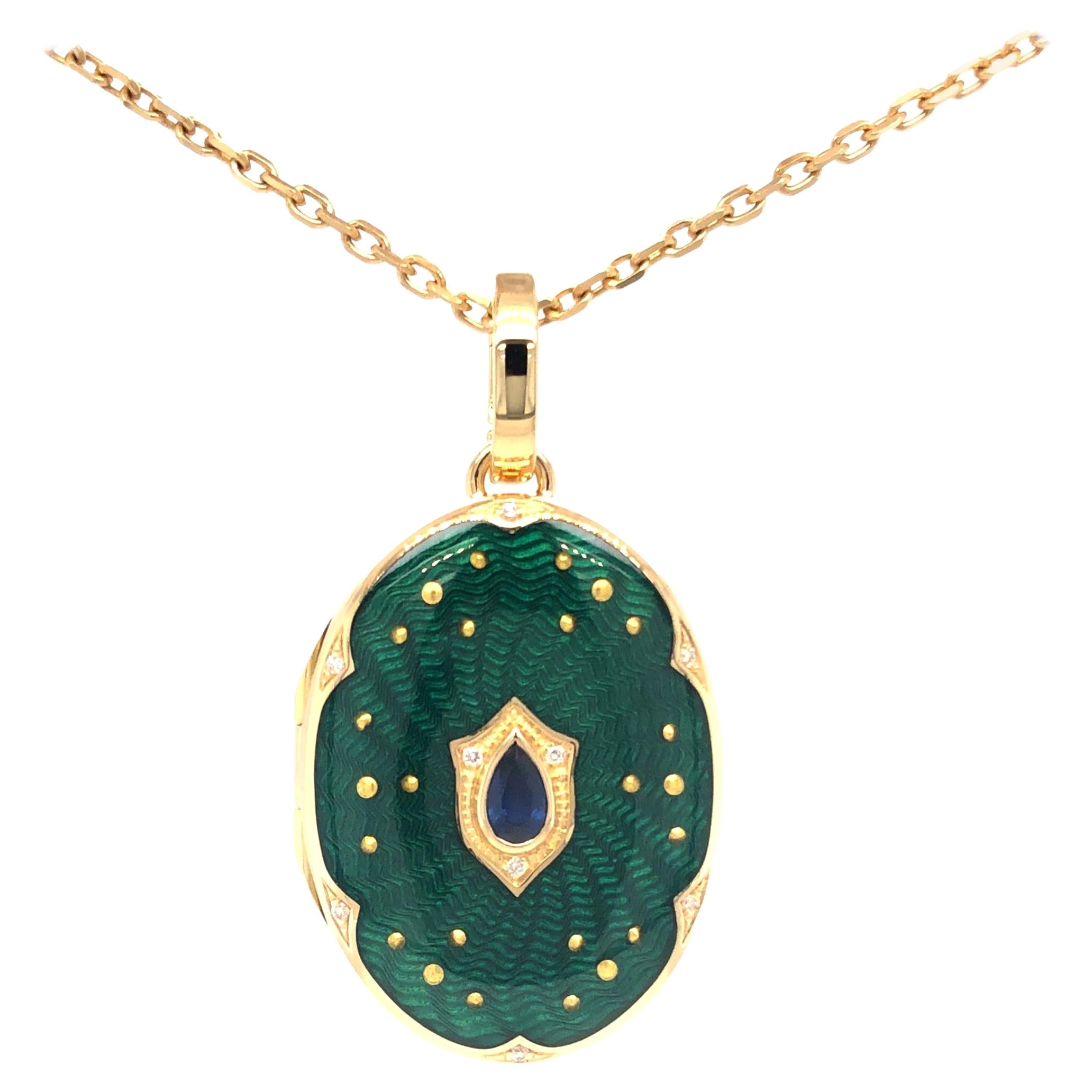Oval Locket Pendant Necklace 18k YG Green Guilloche Enamel Sapphire 27 x 17 mm For Sale