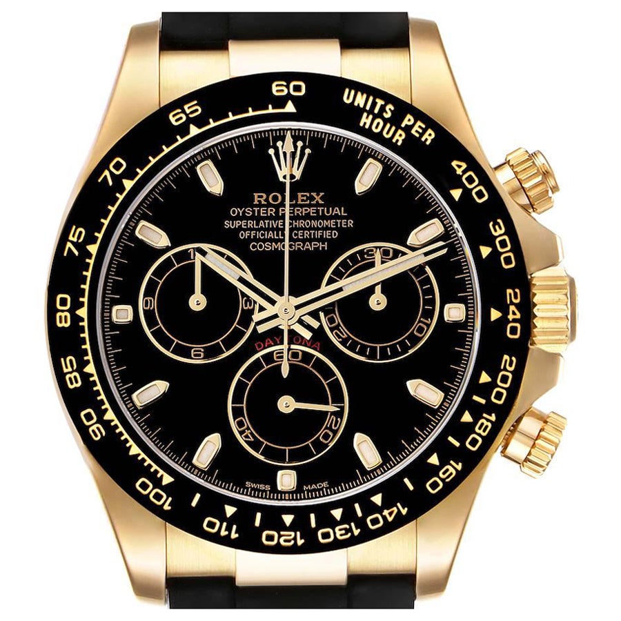 Rolex Daytona Yellow Gold Ceramic Bezel Rubber Strap Watch 116518 Box Card For Sale