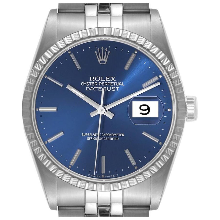 Rolex Datejust Blue Dial Engine Turned Bezel Steel Mens Watch 16220