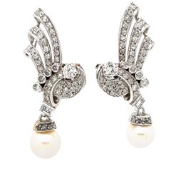 Art Deco Pearls Diamond Gold Clip-on Earrings