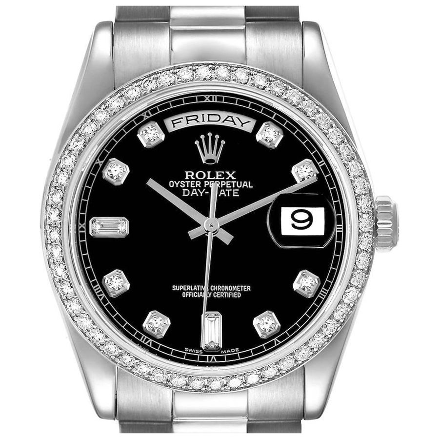 Rolex President Day-Date Platinum Black Diamond Dial Mens Watch 118346