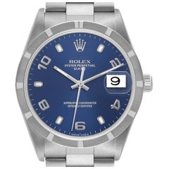 Rolex Date Blue Dial Engine Turned Bezel Steel Mens Watch 15210 Box Papers