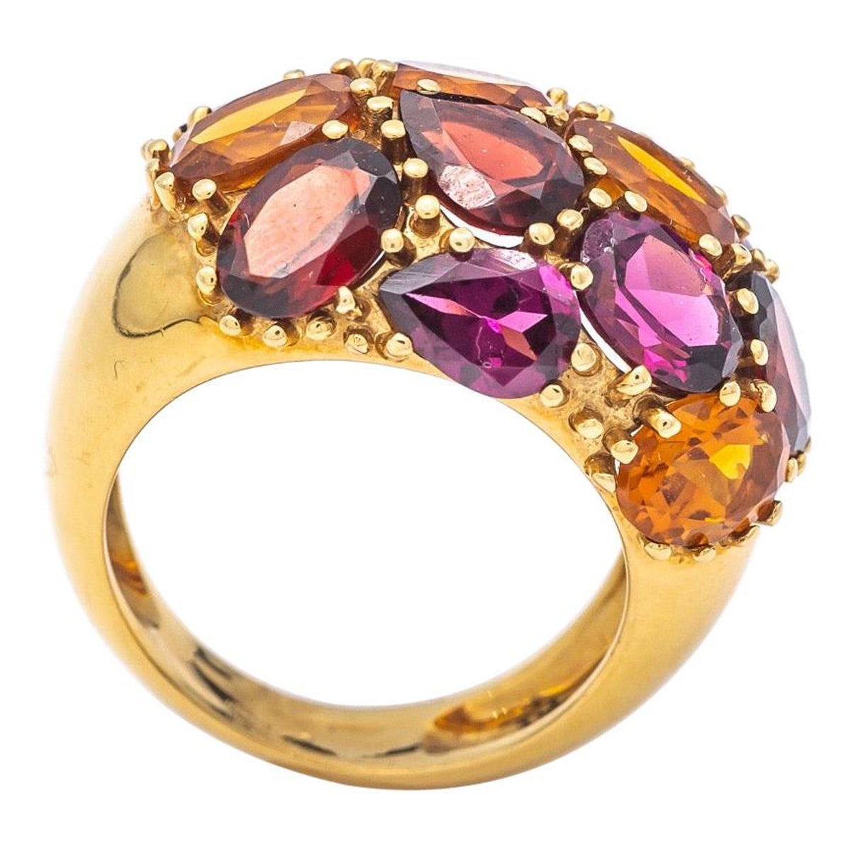 Bague Dome Grenats Citrines Rhodolithe Yellow Gold 18 Karat  For Sale