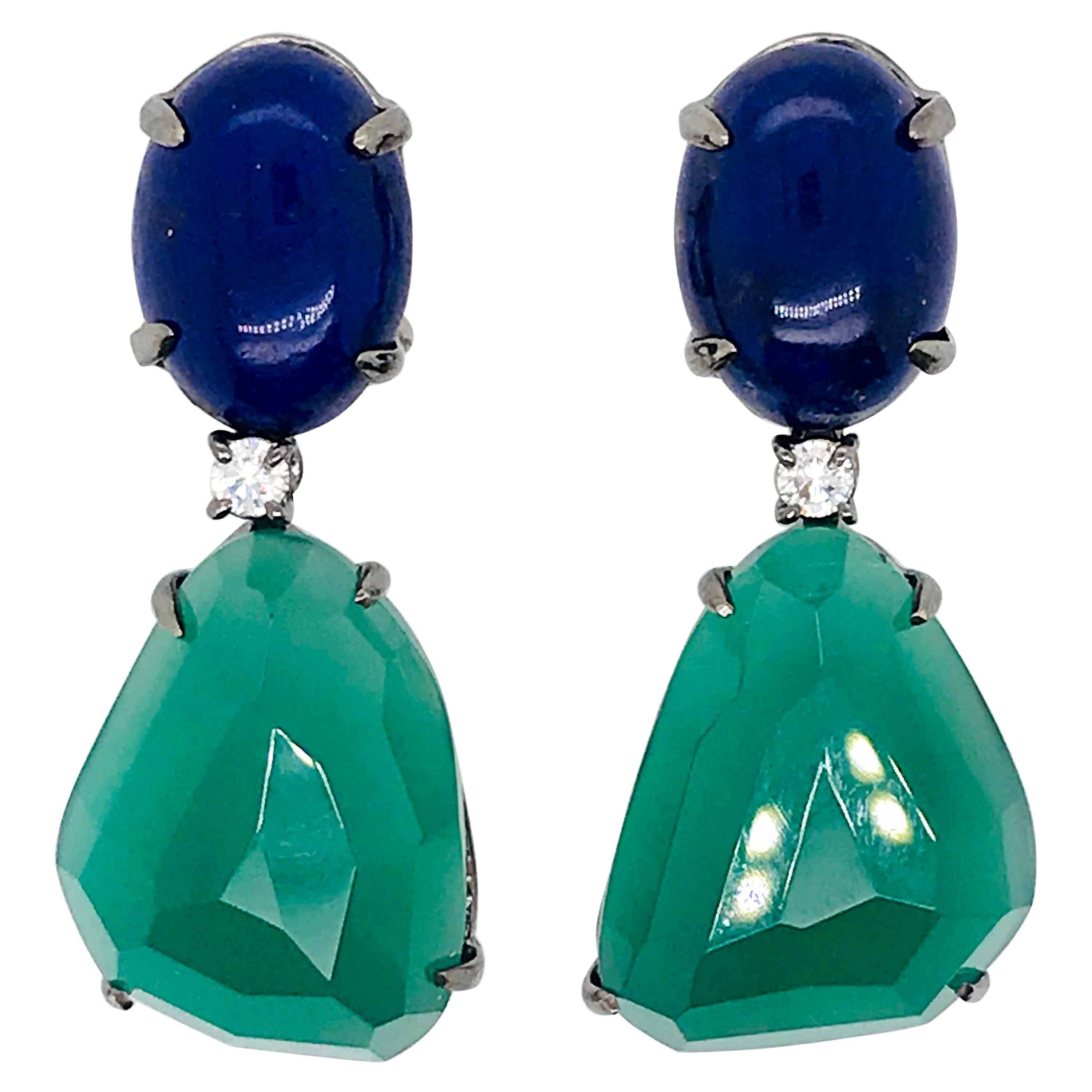 Chandelier Earrings Lapis Lazuli Agate Diamonds Black Gold 18 Karat  For Sale