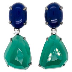Boucles d'oreilles chandelier Lapis Lazuli Agate Diamants Or noir 18 carats 