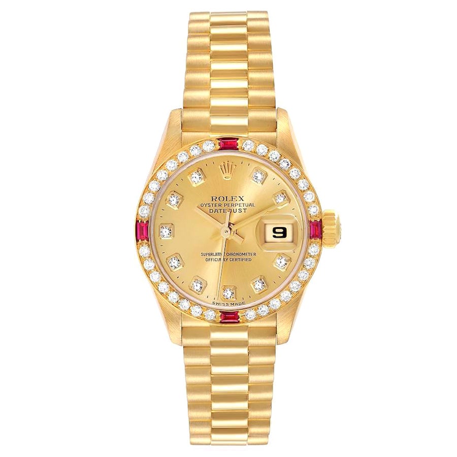Rolex President Datejust Yellow Gold Diamond Ruby Ladies Watch 79068