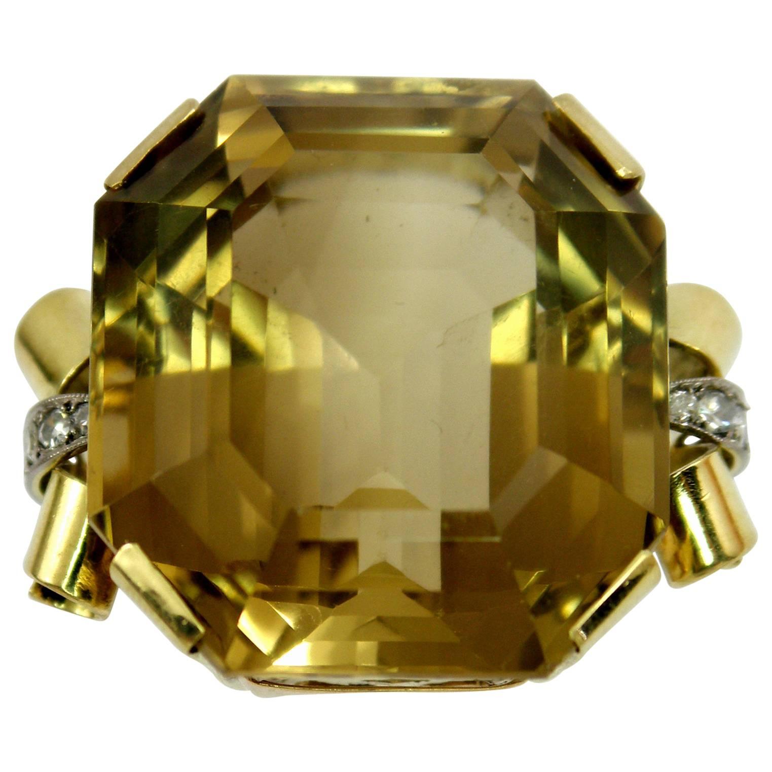 Mid-Century Citrine Diamond Gold Ring