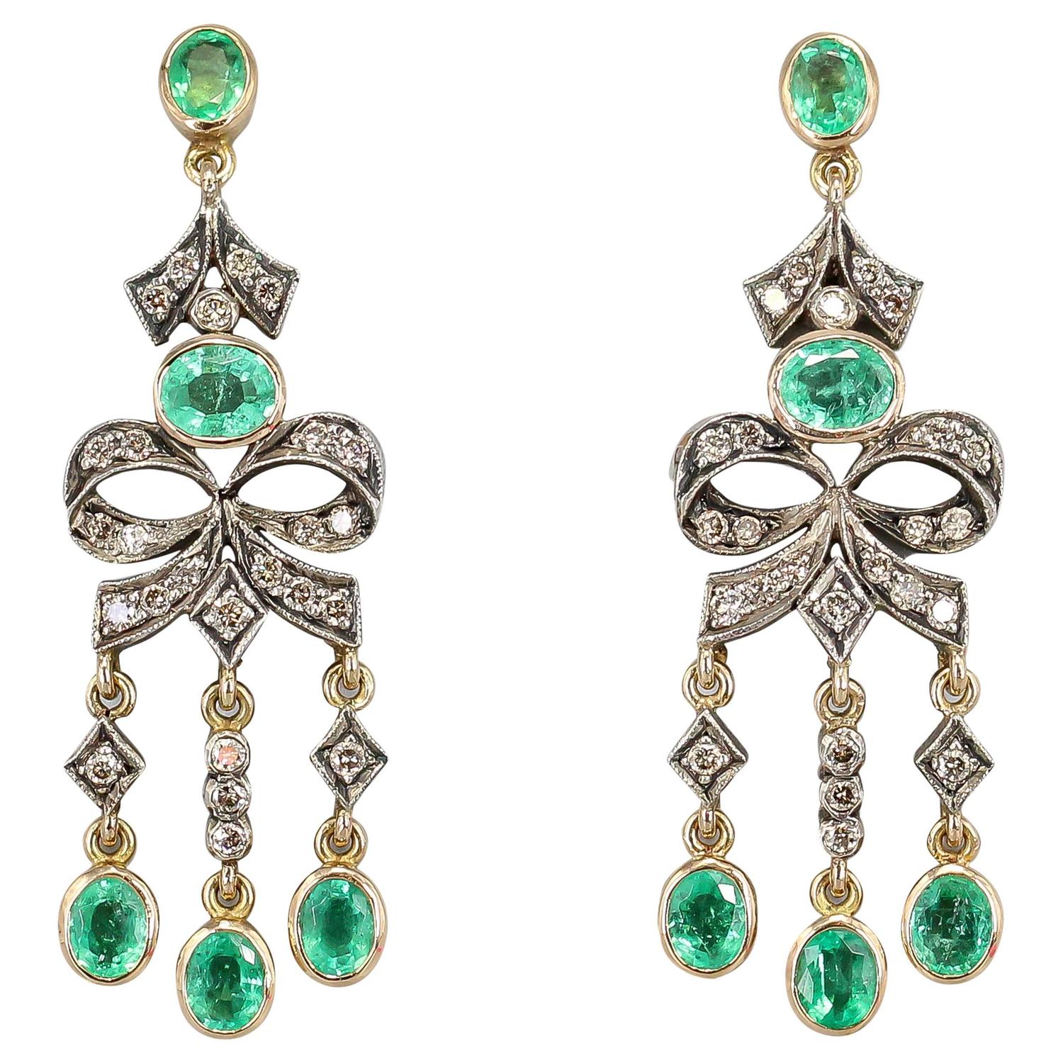 Emerald Diamond Gold Chandelier Earrings For Sale at 1stdibs
