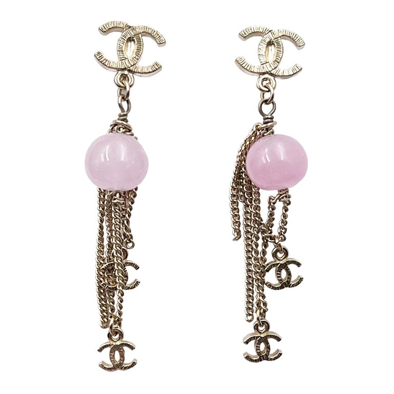 Chanel Gold CC Pink Stone Chain Drop Clip on Earrings For Sale at