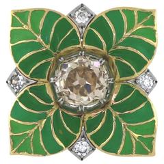 Art Deco Leaf Enamel 1.96 Carat Diamond Gold Platinum Ring 11