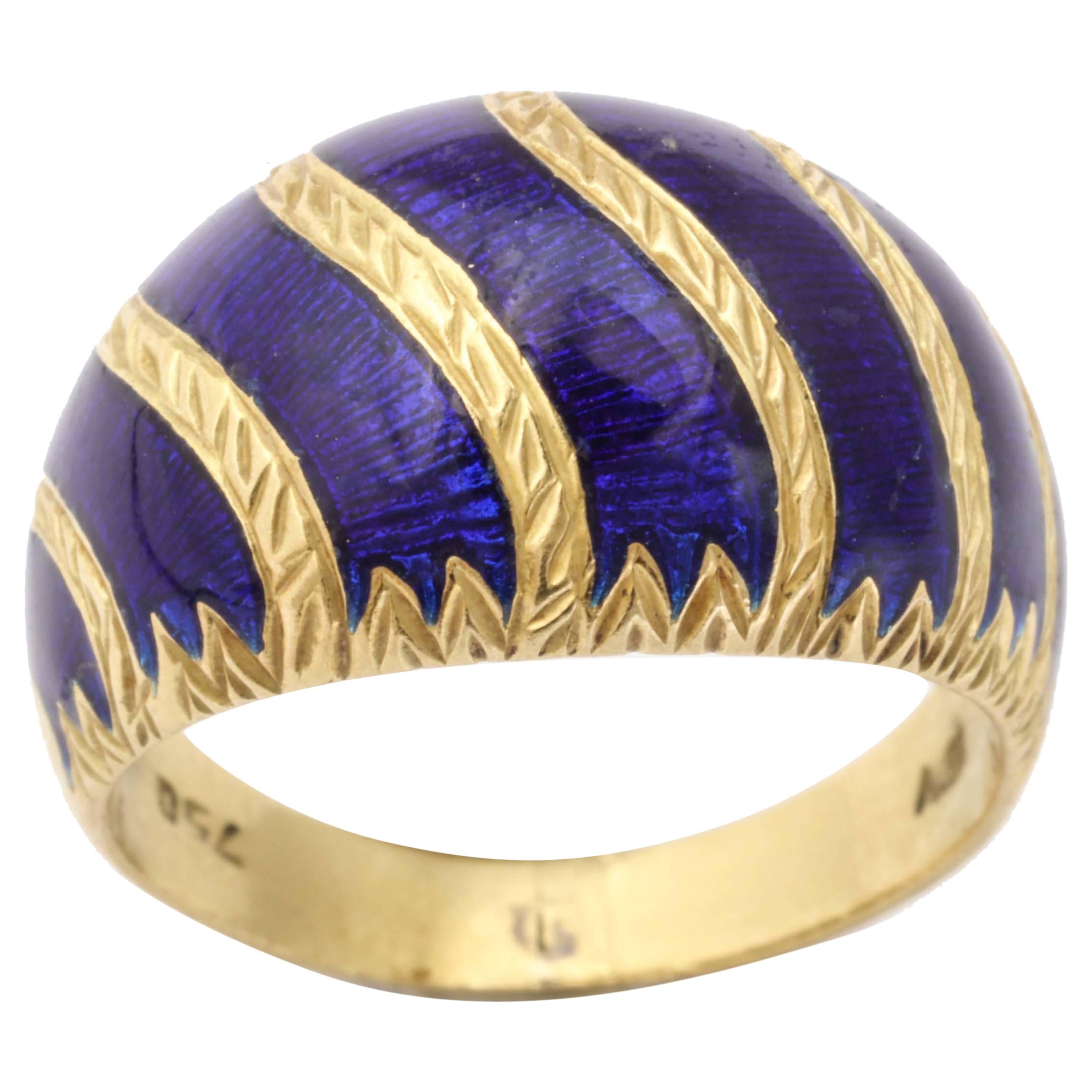 Blue Enamel Gold Dome Ring  For Sale