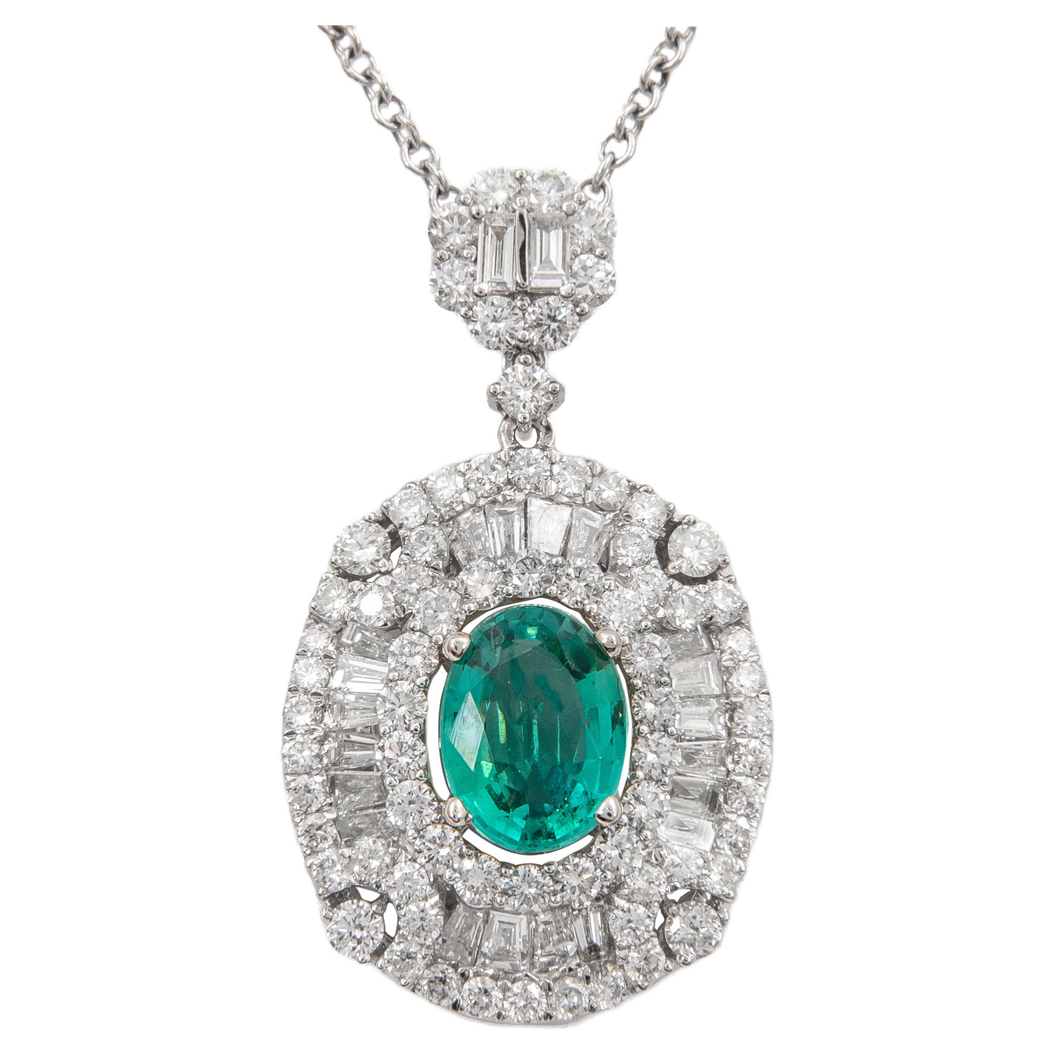 4.07 carats Emerald with Diamond Halo 18k White Gold Pendant Necklace