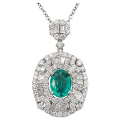 4.07 carats Emerald with Diamond Halo 18k White Gold Pendant Necklace