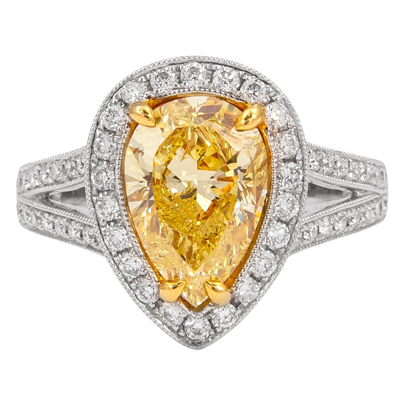 Alexander EGL 2.50ct Fancy Vivid Yellow Pear Diamond with Halo Ring 18k For Sale