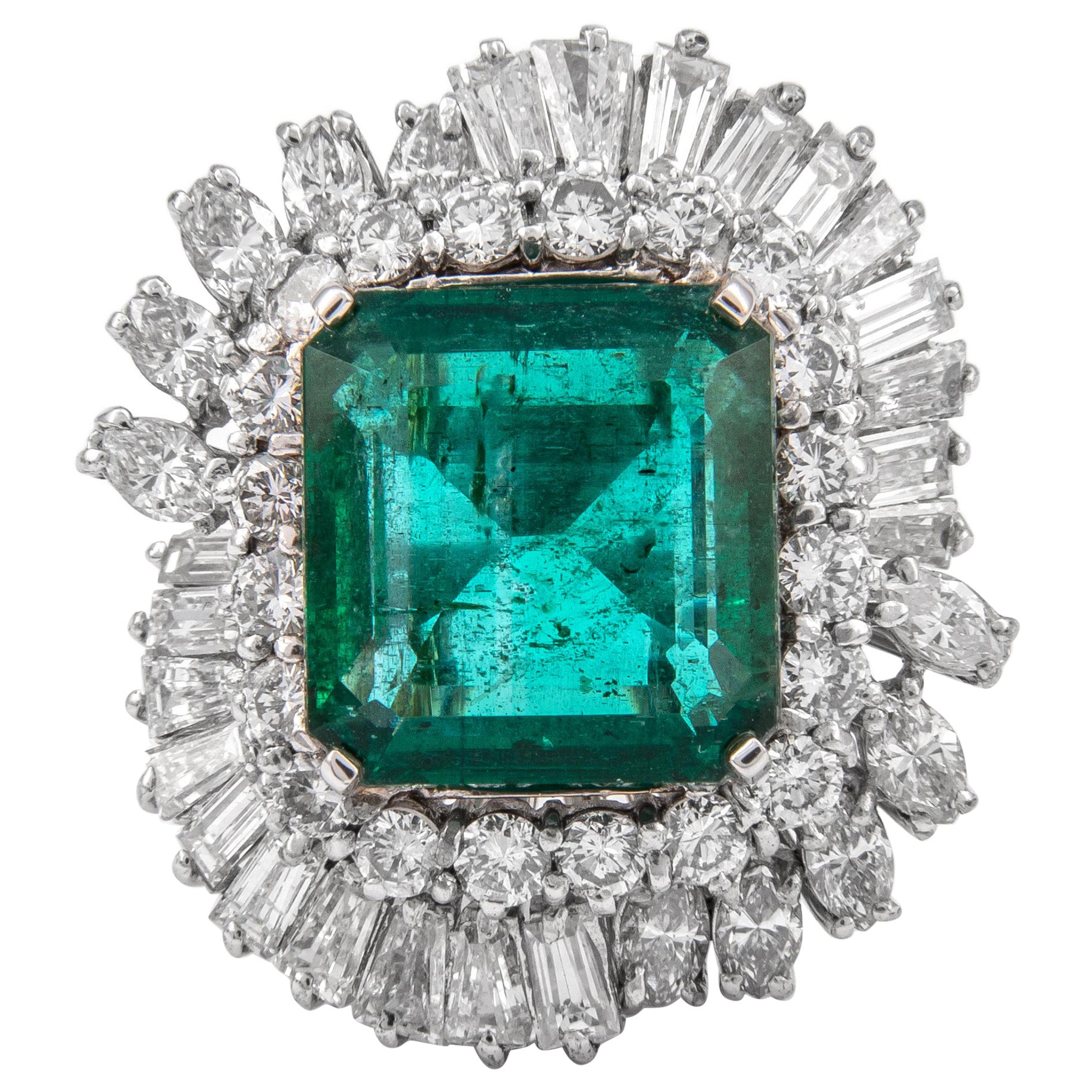Vintage GIA 13.07ct Emerald Minor with 8.90ct Diamonds Ring 18k White Gold