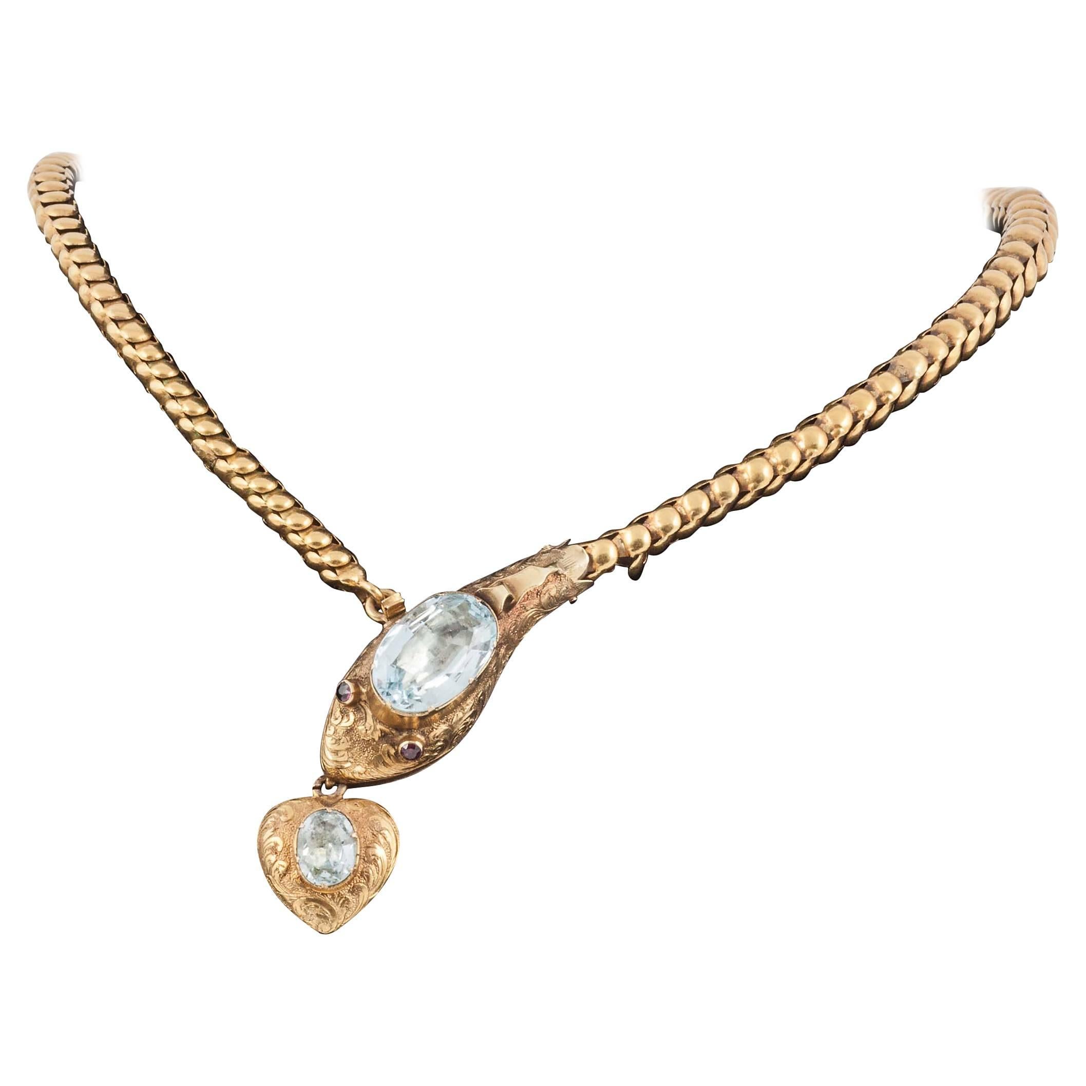 Victorian Aquamarine Gold Serpent Necklace For Sale
