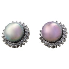 No Reserve-18K White Gold 7.9mm Purple & Green Tahiti Pearl Diamond Earring 