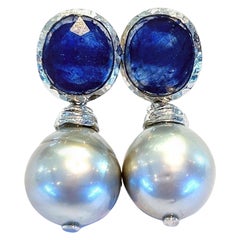 Bochic “Capri” Royal Blue Sapphires & Pearl Earrings Set In 18K Gold & Silver 