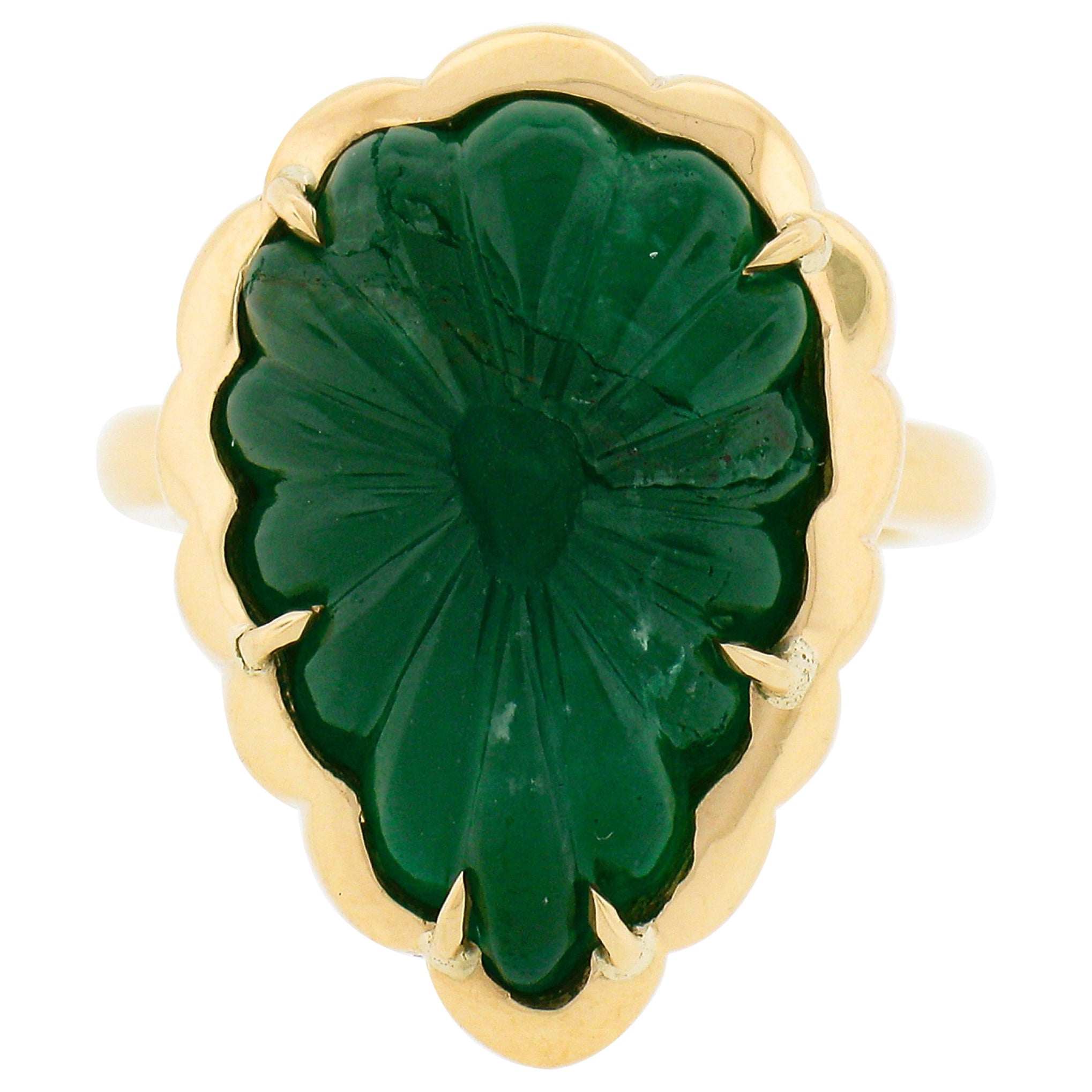 NEW 18K Gold 9.99ctw GIA Carved Scalloped Pear Cabochon Emerald Cocktail Ring