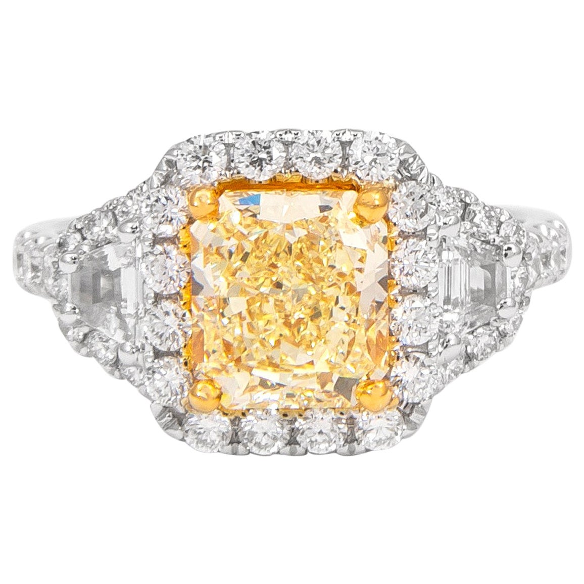 Alexander GIA 2.96ctt Fancy Yellow VS1 Diamond Three-Stone Ring 18k Two Tone For Sale