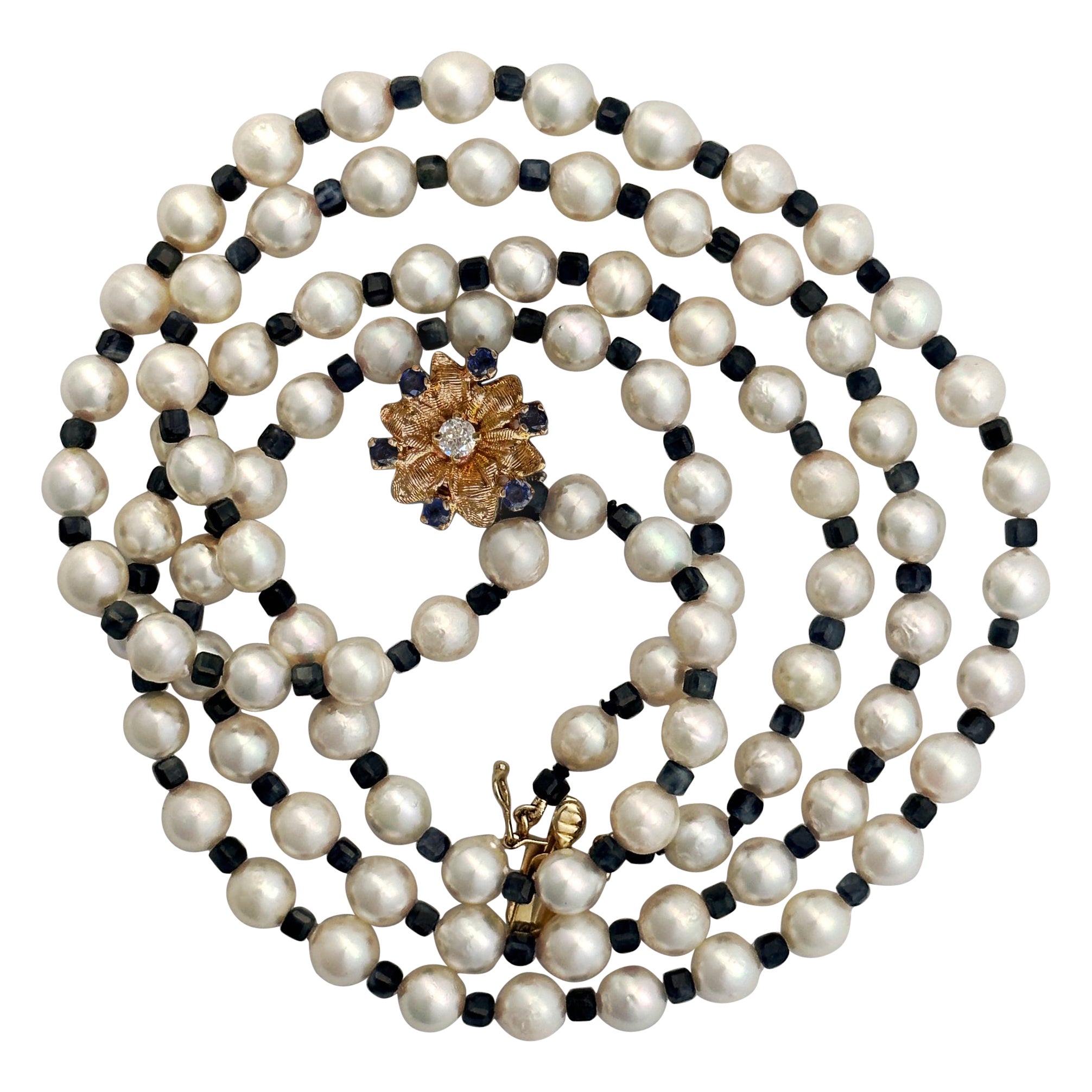 Two-Strand Akoya Pearl Choker Necklace with Sapphire Spacers & 14K Diamond Clasp For Sale