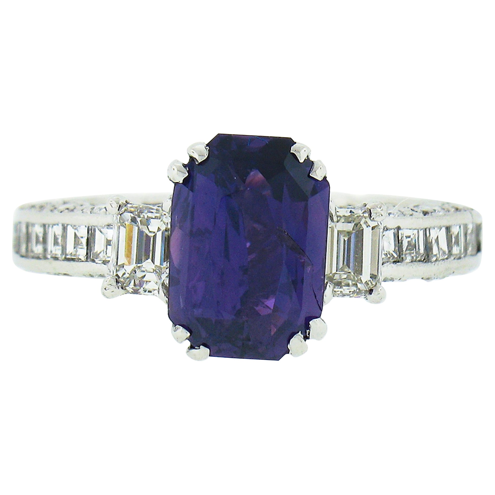 Platinum Tacori GIA NO HEAT Emerald Cut Purple Sapphire Diamond Engagement Ring For Sale