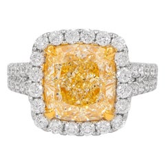Alexander 5.02ct Cushion Fancy Yellow VVS1 Diamond Ring 18k Two Tone Gold