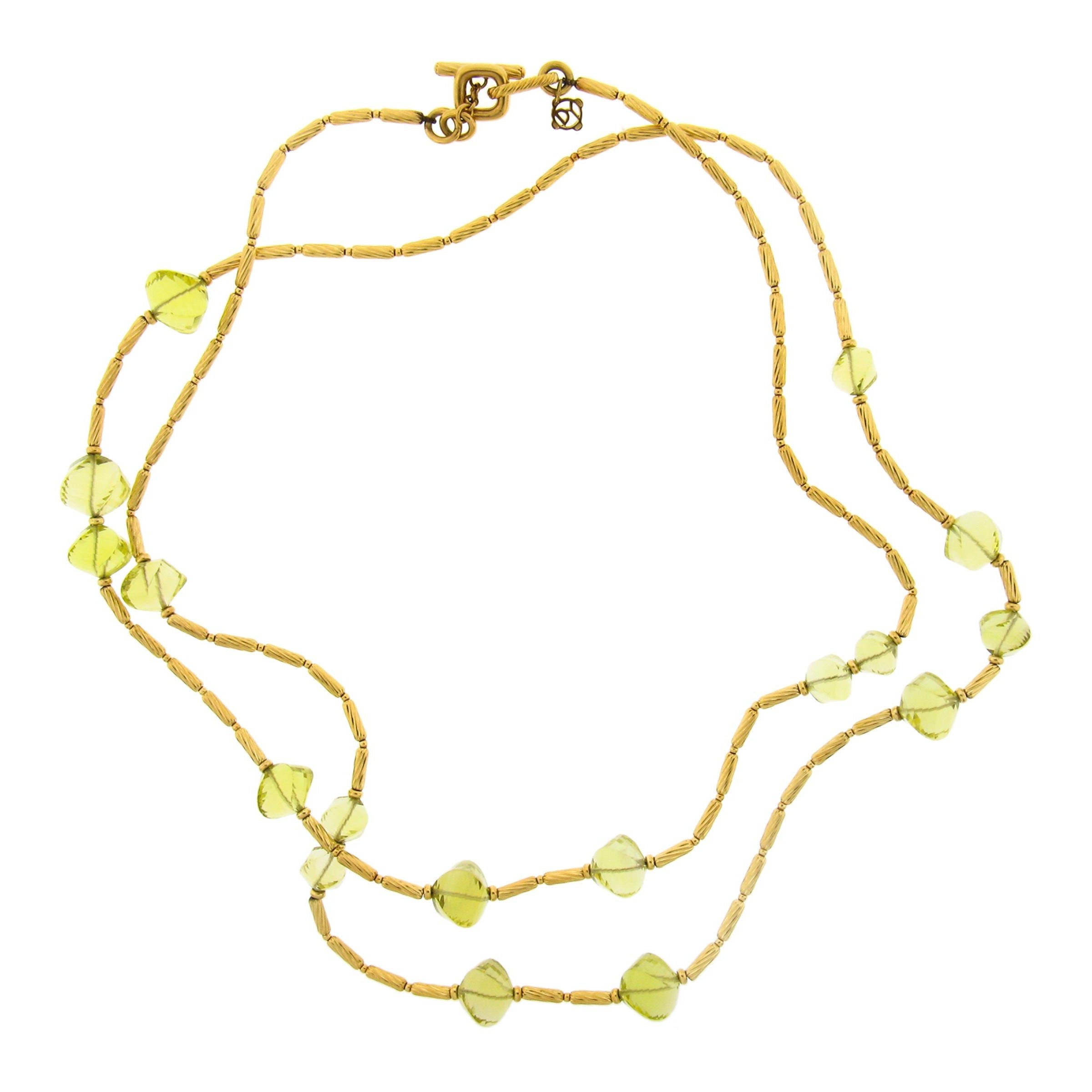 44" David Yurman 18k Gold Lemon Quartz Bead Station Textured Link Long Necklace For Sale