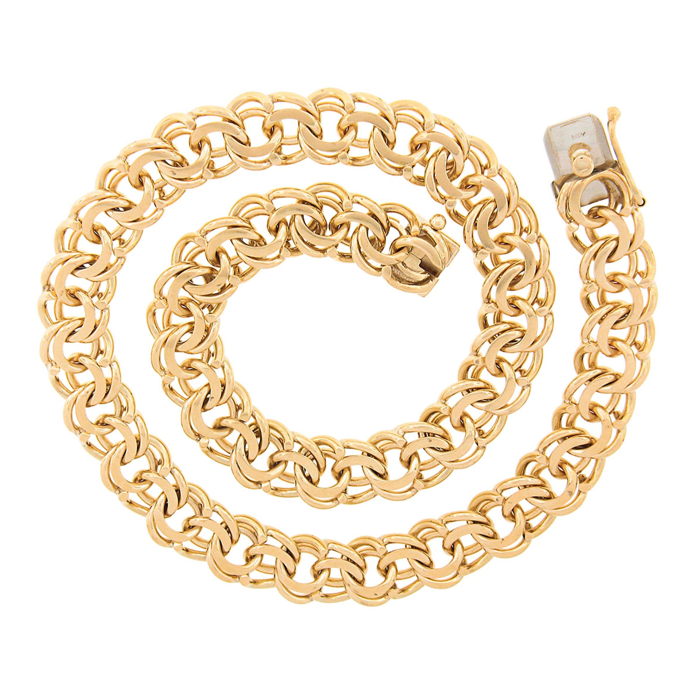 Unique 14K Gold 15.25" Flat Double Curb Loop Open Ring Link Charm Chain Necklace For Sale