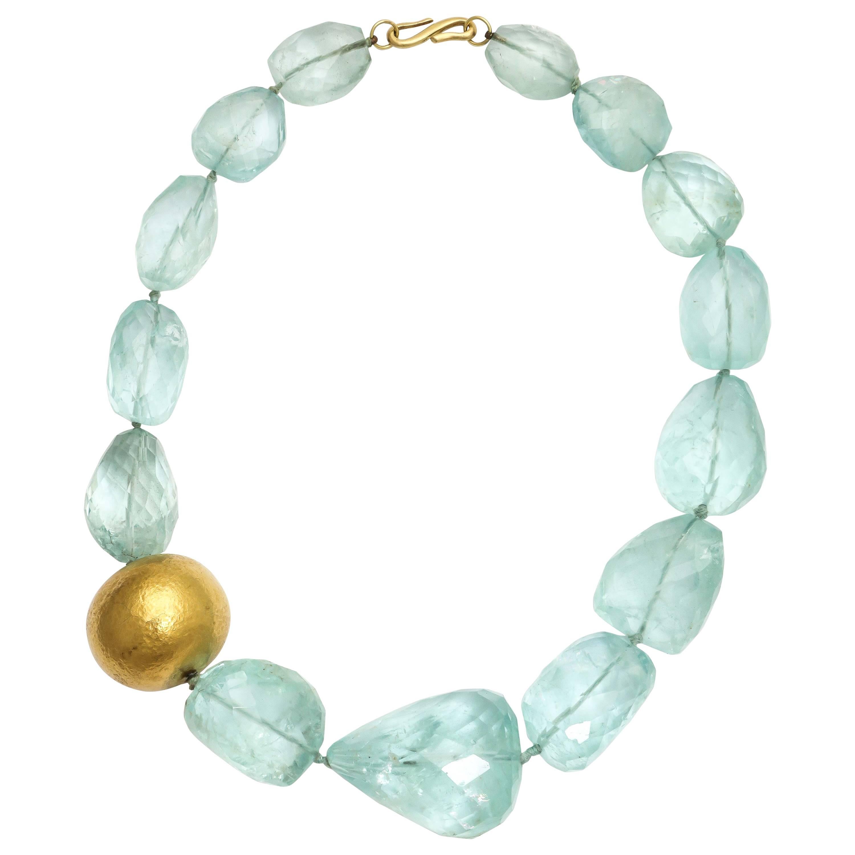 Faceted Aquamarine Hand Hammered Gold Bead Necklace