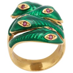 Vintage Playful 4 headed Green Enamel Snake Ring