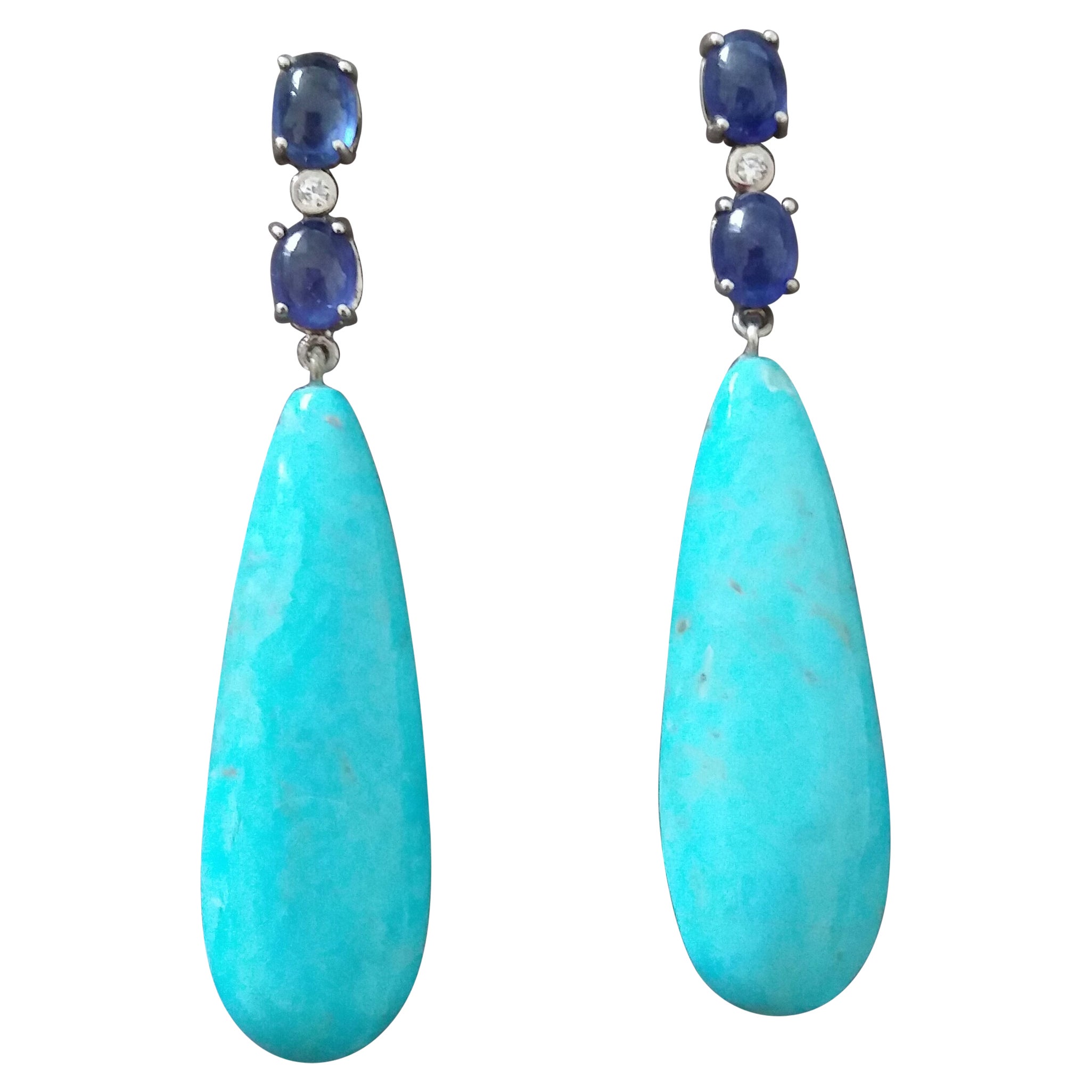 Boucles d'oreilles en or avec 4 saphirs bleus ovales et 2 diamants en forme de goutte et turquoise véritable