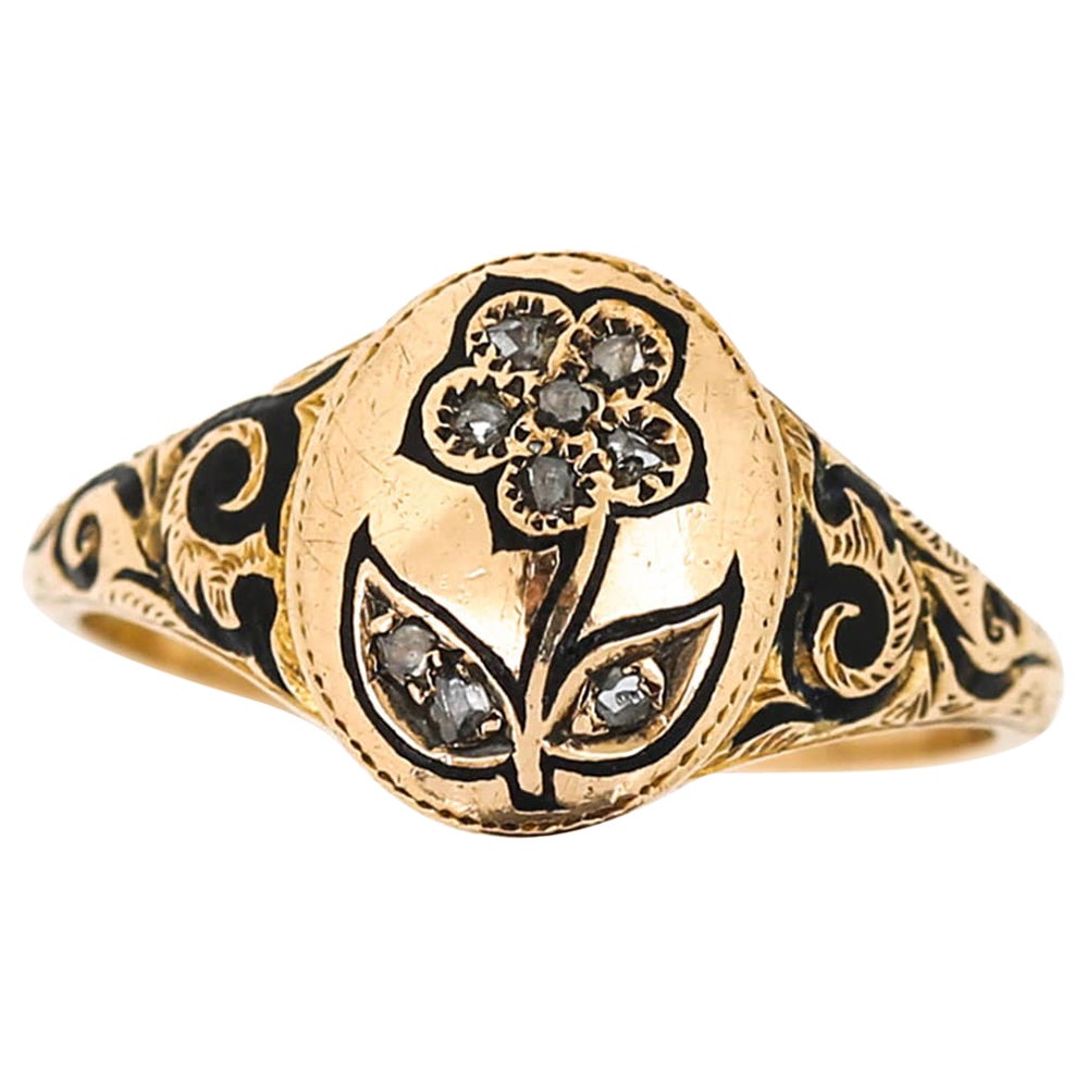 Victorian 18ct Gold Rose Cut Diamond Forget Me Not Mourning Ring, Circa 1869 For Sale