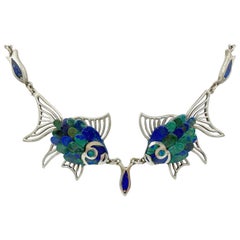 Vintage Azurite Malachite Sterling Silver Fish Dimensional Scales Taxco Mexico Necklace