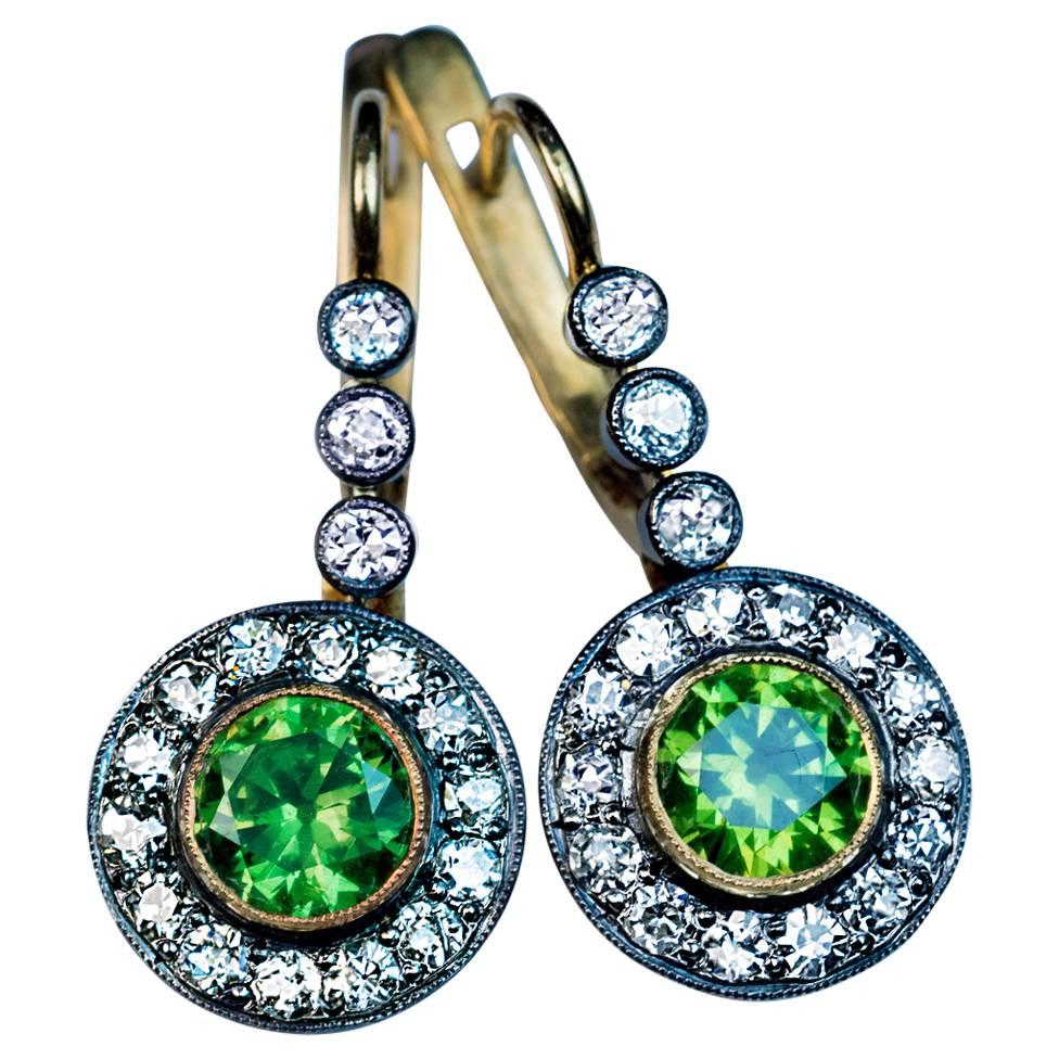 Russian Demantoid Diamond Drop Earrings For Sale