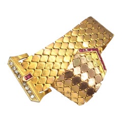 Retro Diamond Ruby Buckle Bracelet 14K American Gold 1940s Ludo Vintage Jewelry