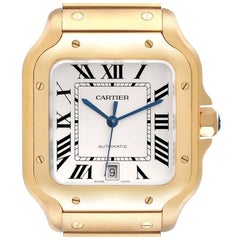 Cartier Santos Silver Dial Large 18k Yellow Gold Mens Watch WGSA0029 Box Card