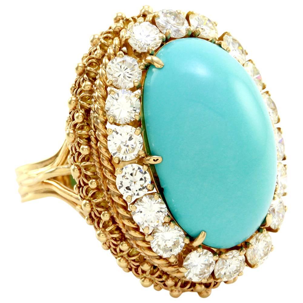 Persian Turquoise Cabochon Diamond Halo Gold Ring  For Sale