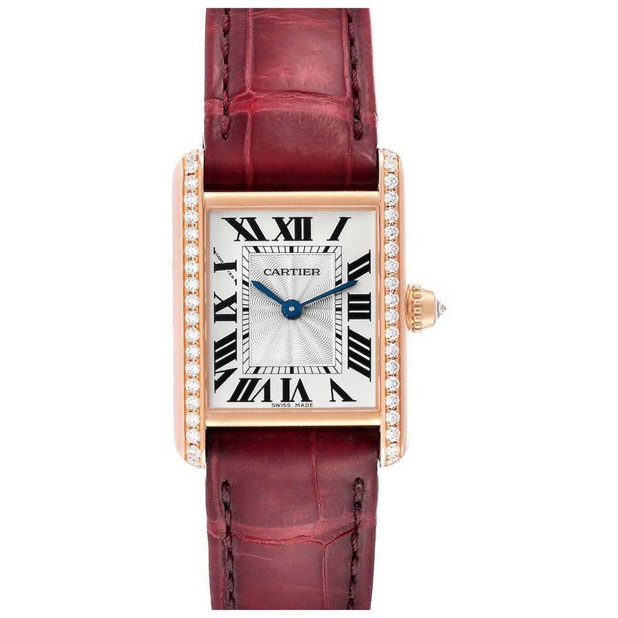 Cartier Tank Louis Rose Gold Diamond Burgundy Strap Ladies Watch WJTA0010 Papers For Sale
