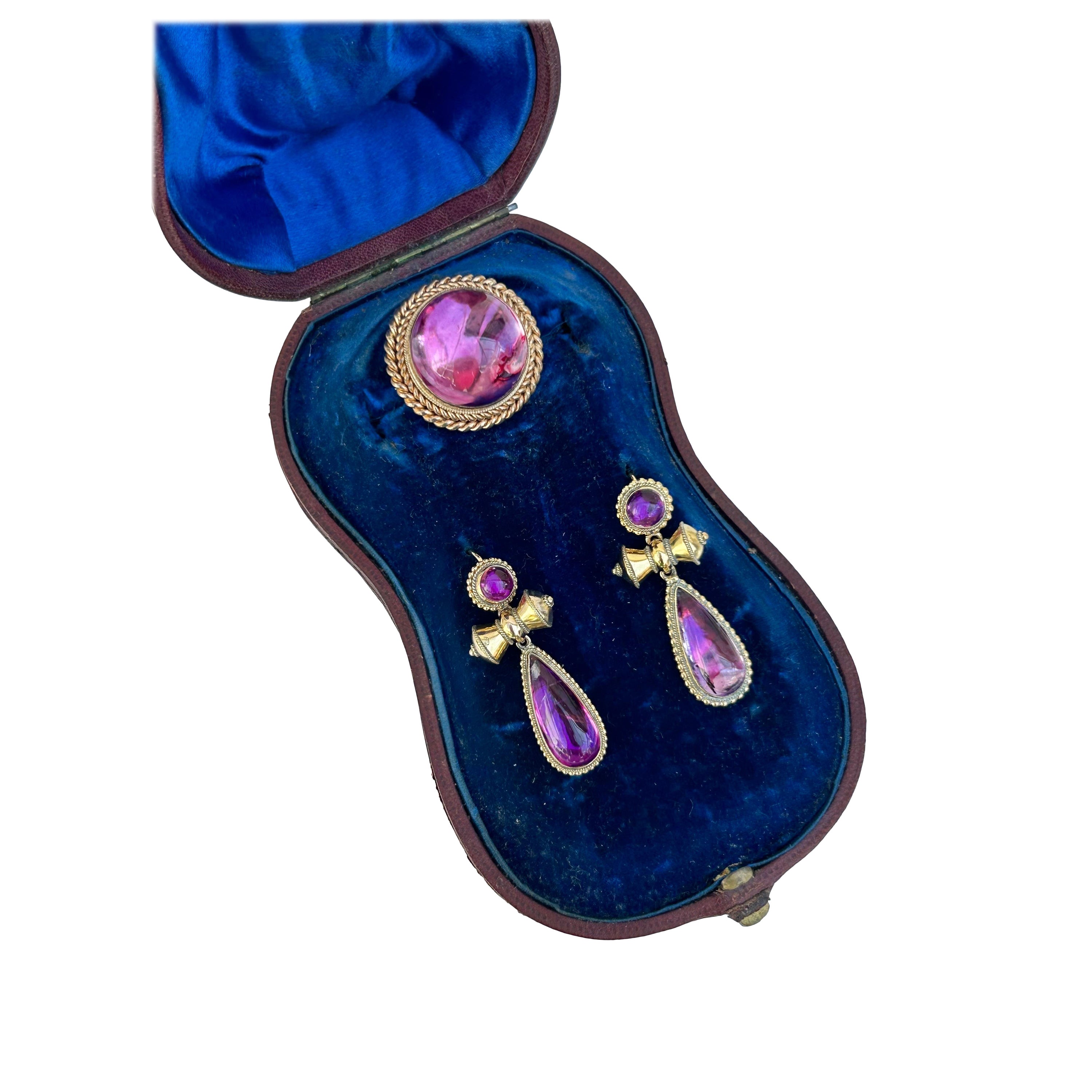 Antique Pink Foiled Cabochon Brooch and Earrings Suite in Antique Box 
