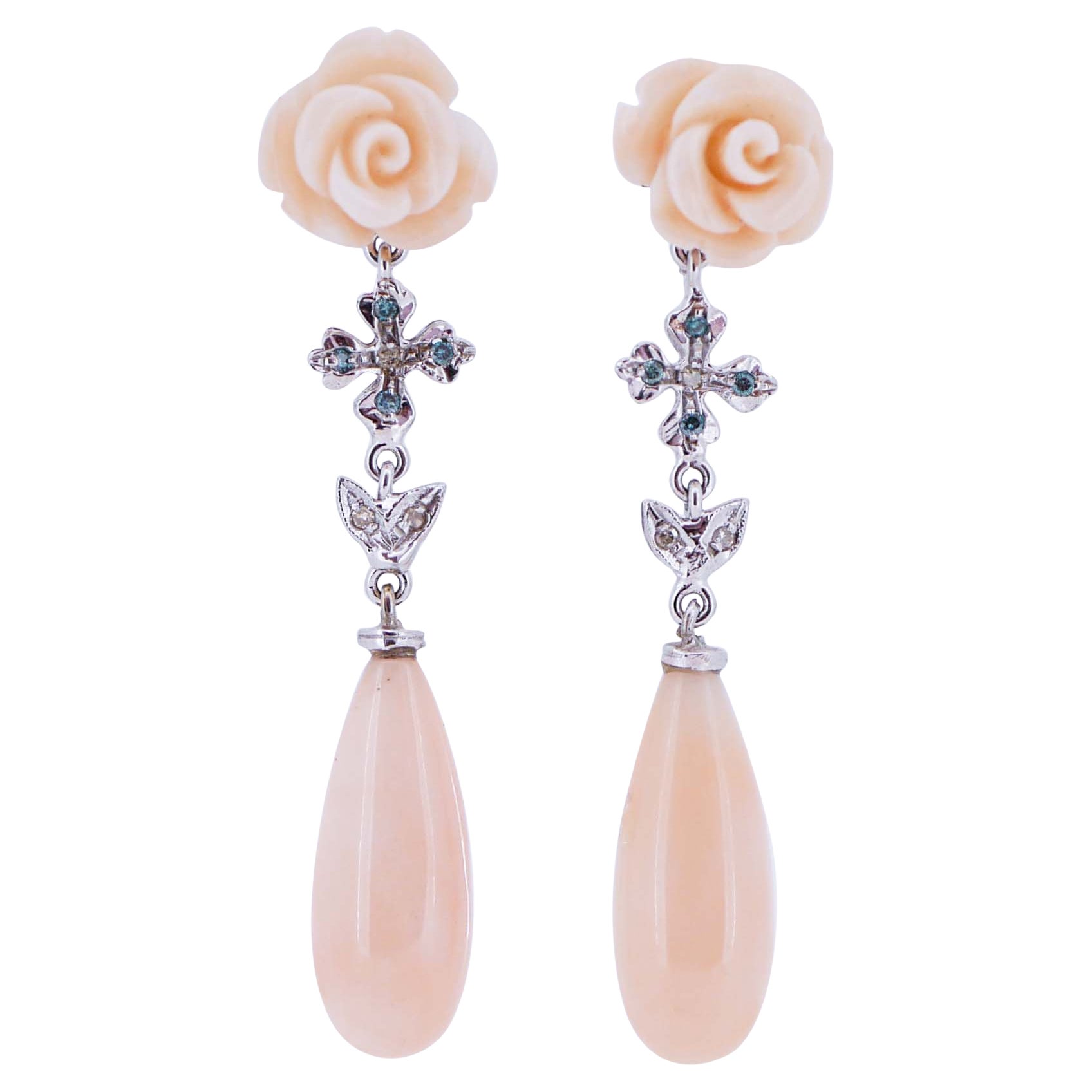 White and Blue Fancy Diamonds, Pink Coral, 14 Karat  White Gold Drop Earrings.