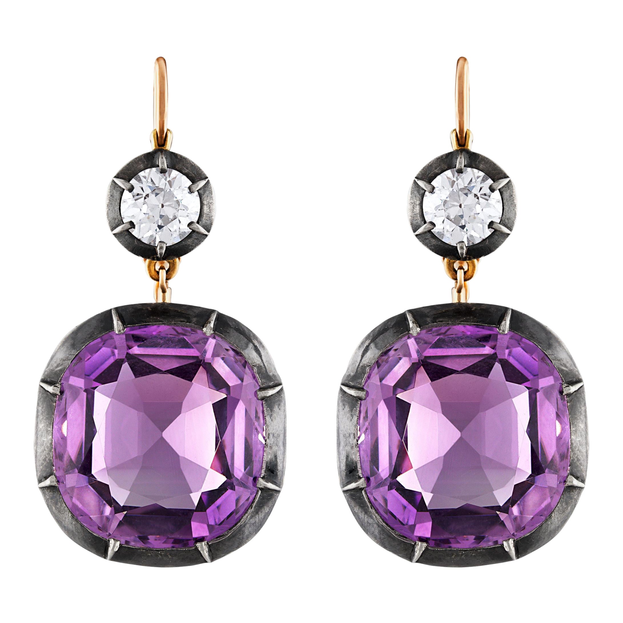 Mindi Mond Collet Set Amethyst Diamond Dangle Earrings For Sale
