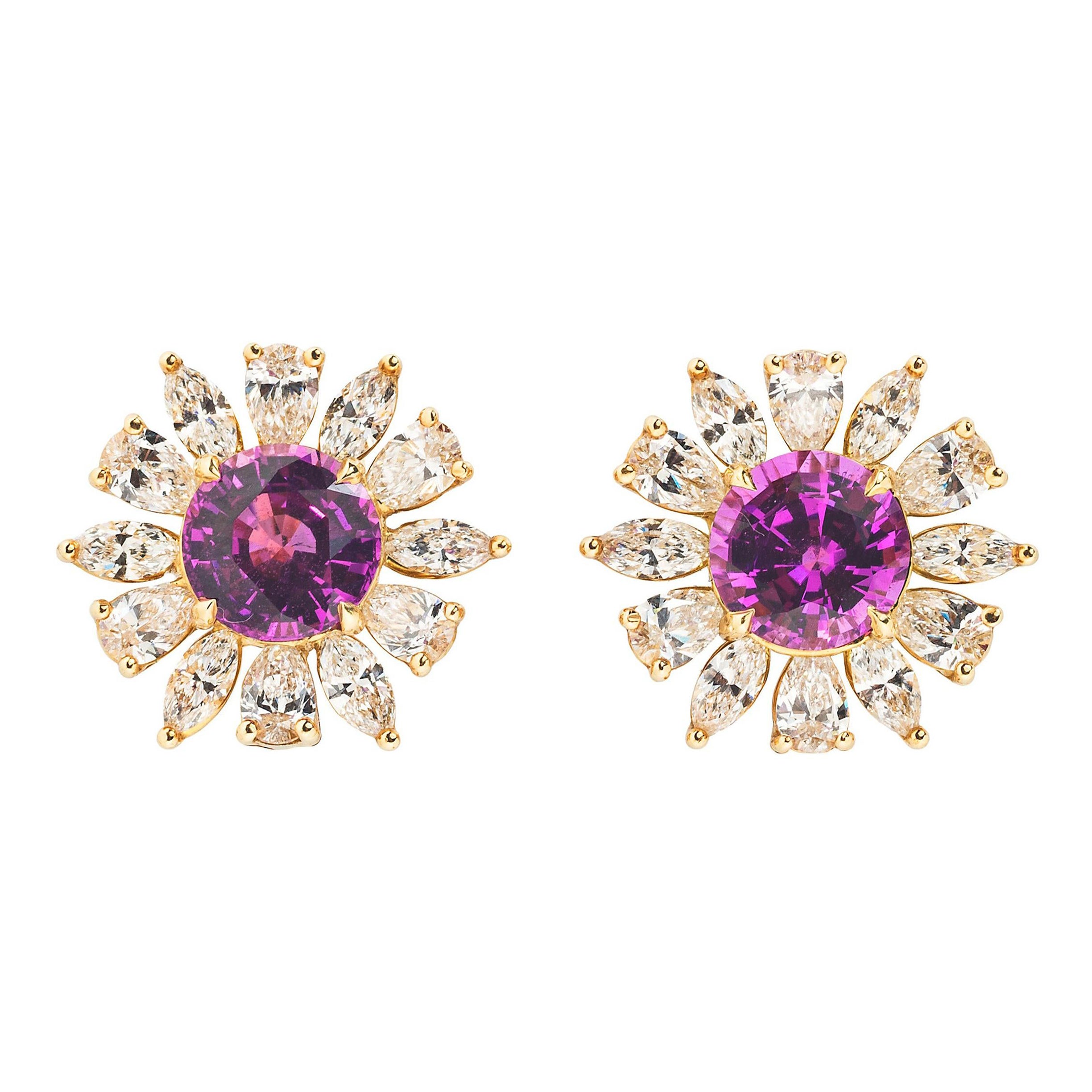Pink Sapphire and Diamond Flower Earrings For Sale
