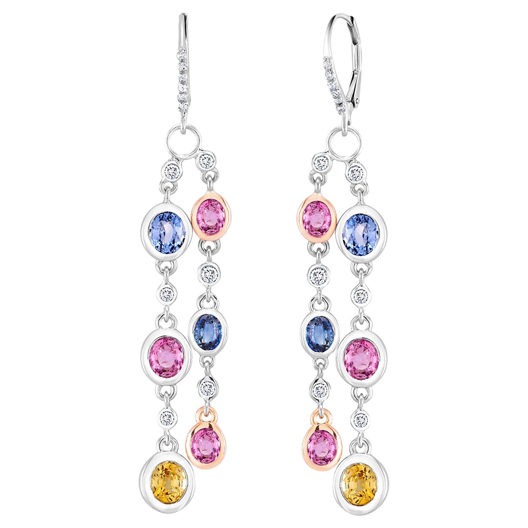  Ceylon Multi Color Sapphire Diamond 10.45 Carat 1.75 Long Hoop Gold Earrings